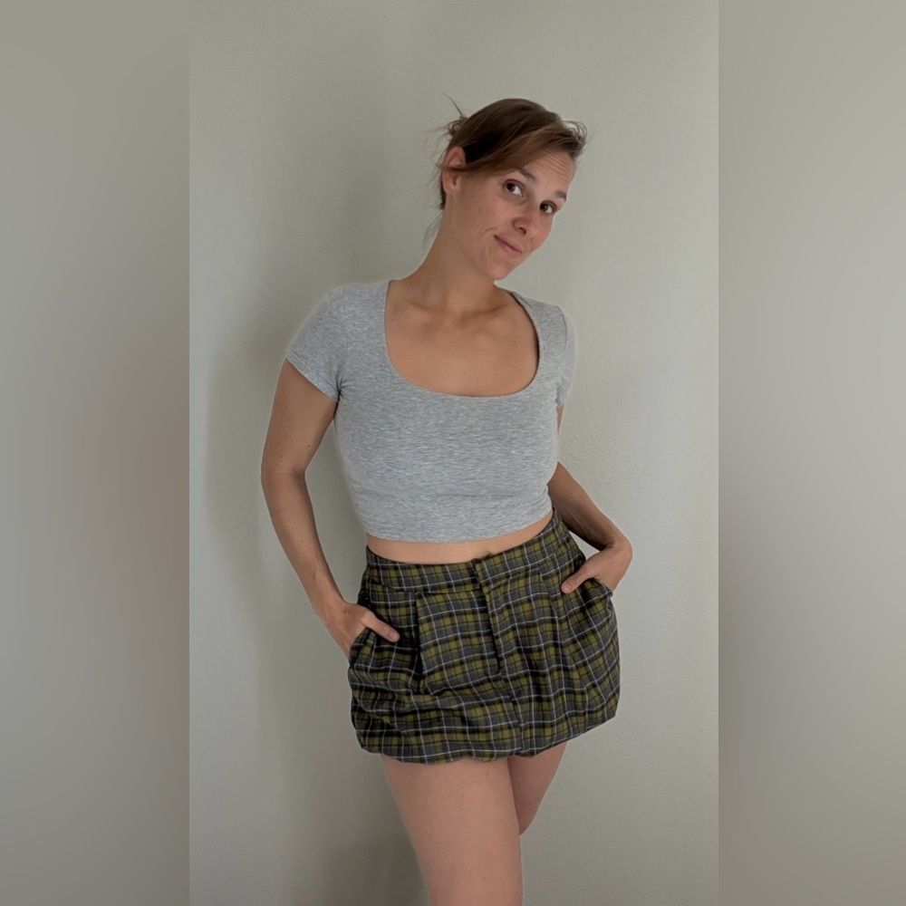 Emerson Lang Plaid Bubble Skirt Streetwear Medium Stretch Elastic Waist - Picture 3 of 11